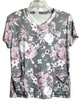 Unbranded Blouse Size M Pullover Pockets V-Neck Short Sleeve Easy Care Floral